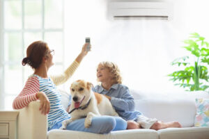 Mother and child with air conditioner remote control. Comfortable temperature at family home. Cooling and heating device. Mom and kid on couch under cold breeze. Air conditioning on hot summer day.